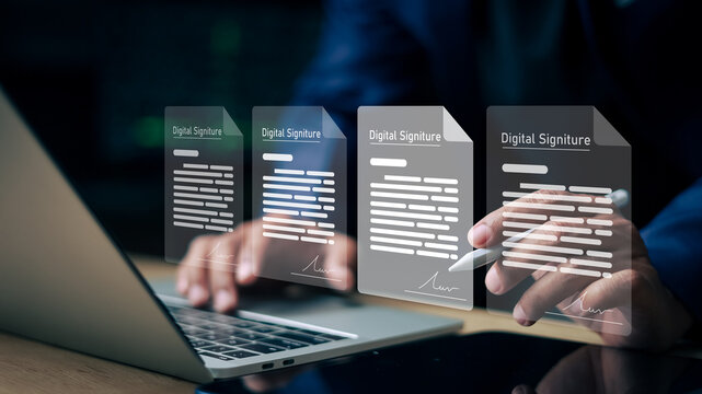 Business person using tablet with digital signature interface. Concept of esignature, contract approval, security, and paperless technology.