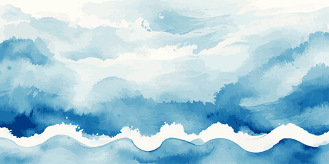 Turbulent Blue Watercolor Ocean Wave with Expressive Splashing Motion and Powerful Marine Energy in Abstract Coastal Background © Vactor Viky