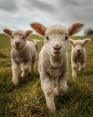 Obraz premium new born lambs playing in a green field