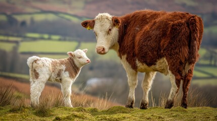 A mother cow and calf stand on a grassy hill with a distant, blurred landscape in the background