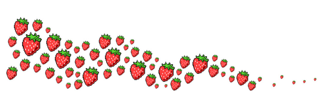 Wavy strawberry pixel background in transparent vector for indie game streams. Ideal for symbolizing retro summer vibes, cute 8-bit fruit aesthetics, and dynamic digital nature.