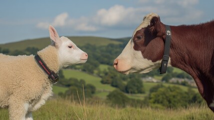 A lamb and a cow face each other on a grassy hillside, overlooking a distant green landscape