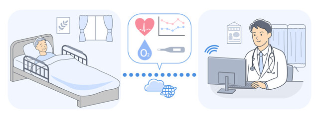 自宅にいる患者のバイタルデータを遠隔診療で確認する男性医師