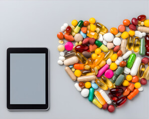 Digital Health Concept with Heart-Shaped Supplements and Tablet on Gray Background for Wellness Niche