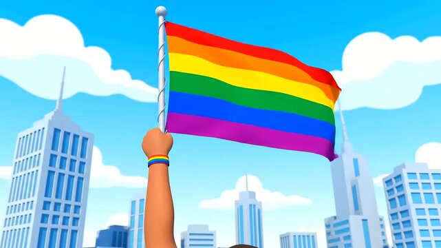 Celebrating Pride Month: Cartoon Arm with Rainbow Bracelet Holds Waving LGBTQ+ Pride Flag Against City Skyline