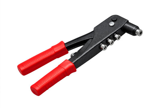 Hand pop riveter tool with red handles on transparent background