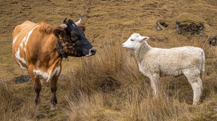 A cow with black and brown markings stands beside a white lamb in a grassy field