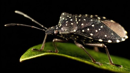 Close-up macro photograph of an insect perched on a green leaf, with black background