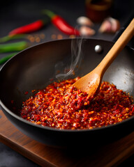 Aromatic Chili Garlic Sauce Preparation in Black Wok with Wooden Spoon on Dark Rustic Background