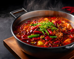 Authentic Spicy Sichuan Hot Pot with Chili Peppers and Fresh Scallions in Steaming Metal Wok on Wooden Board
