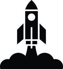 Fototapeta premium Simple black icon of a rocket launching with smoke or fire below