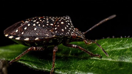 A close-up view of a speckled shield bug on a green leaf against a black background