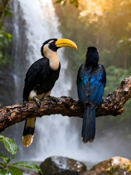 A pair of hornbills perched gracefully in the forest canopy, symbolizing eternal love and lifelong devotion. Known for their monogamous bond, the male faithfully provides food while the female.