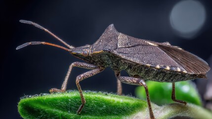 Macro profile shot of a stink bug, showcasing intricate details, texture, and natural colors