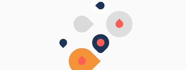 Abstract shapes, circles, dots. Orange, gray, navy colors present. Minimalist design, simple composition, clean aesthetic.