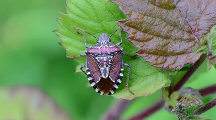 Macro shot of a brightly colored shield bug resting on two vibrant leaves