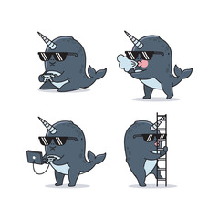 Narwhal character set with sunglasses and different activities in a flat design style © Md