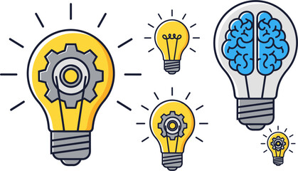 Illustration of various glowing lightbulbs, some containing gears and a brain, symbolizing ideas, innovation, and thought processes.