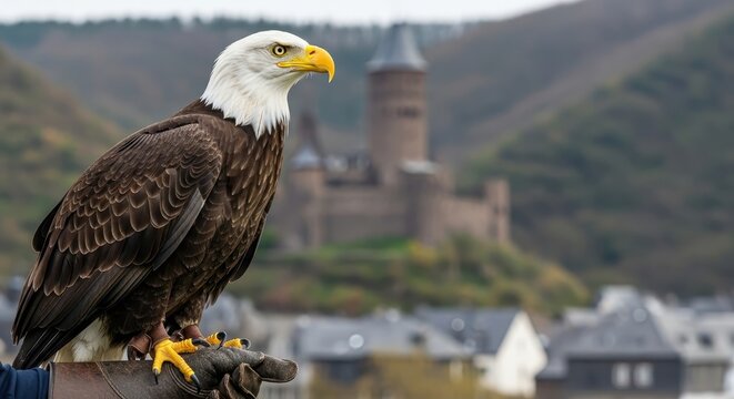 Majestic Bald Eagle Perched with Castle Backdrop in Germany.