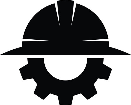 Black silhouette icon of a construction hard hat combined with a gear, representing industry, engineering, and safety in building and manufacturing sectors