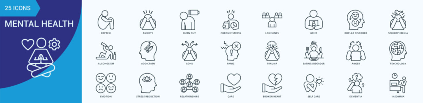 Mental Health Icon Pack Illustration Vector Outline Style