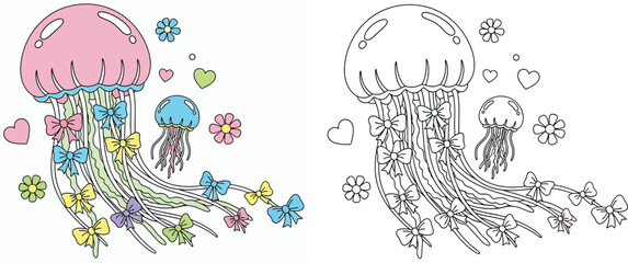 Adorable Pastel Jellyfish with Hearts and Bows, Children's Coloring Page and Vector Illustration, Children's Fantasy Ocean Animal Design © AbuNazam