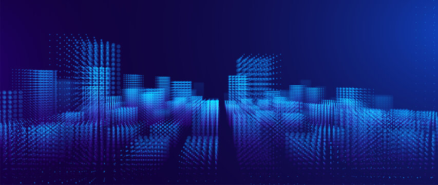 Abstract Fintech Digital Cityscape With Glowing Blue Towers and Data Flow Grid Patterns. Advanced Smart City Background With Illuminated Particle Buildings and Technology Network Grid. Vector.