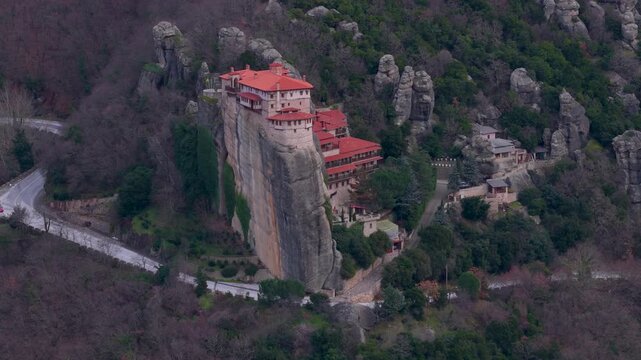 Aerial View of Meteora Monasteries and Rock Formations in Central Greece