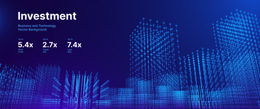Abstract Fintech Digital Cityscape With Glowing Blue Towers and Data Flow Grid Patterns. Advanced Smart City Background With Illuminated Particle Buildings and Technology Network Grid. Vector.
