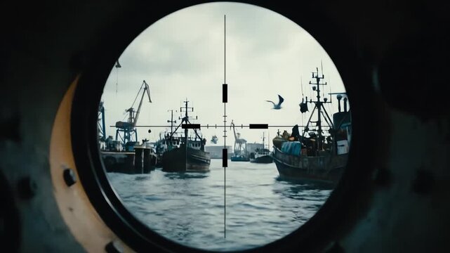 View through submarine periscope observing fishing trawlers in a busy harbor with cranes and seagulls flying overhead, maritime surveillance and nautical exploration concept