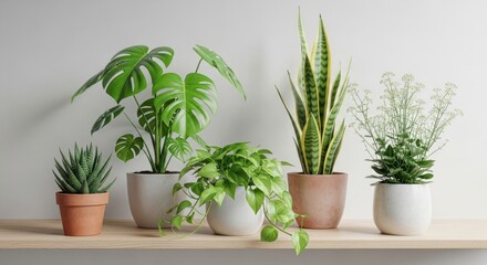 Obraz premium Variety of potted plants on a wooden shelf in modern home decor