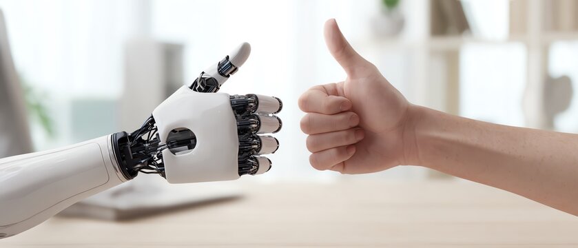 Robot hand and human hand giving thumbs up.