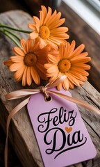 Hermosas flores naranjas sobre fondo de madera r&uacute;stica con una etiqueta de regalo y el texto en espa&ntilde;ol Feliz D&iacute;a
