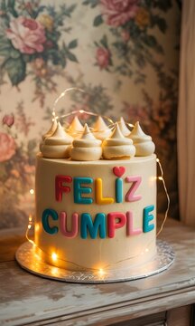 Tarta de cumplea&ntilde;os decorada con letras coloridas de Feliz Cumple, luces c&aacute;lidas y merengue sobre fondo floral vintage