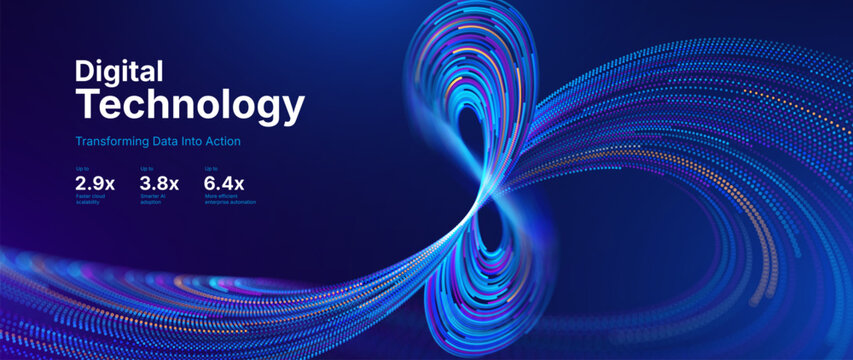 Abstract Technology Flow With Shimmering Blue and Purple Data Lines, Dynamic Particle Motion Forming Endless Loop Shape Scientific Background. Vector Illustration.