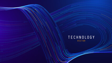 Plakat Dynamic Big Data Wave With Radiant Blue and Violet Light Streaks. Neural Network Grid and Digital Communication Concept Design. Vector Illustration.