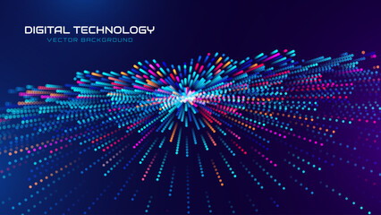 Obraz premium High Speed Digital Network Lines Burst Background with Glowing Pixel Trails and Perspective Grid in Blue and Purple Tones. Vector Illustration.