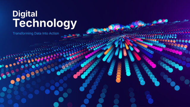 Futuristic Big Data Visualization with Luminous Dot Matrix Paths and Dynamic Depth Perspective on Dark Gradient. Vector Illustration.
