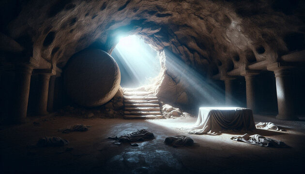 Empty tomb of Jesus Christ with divine rays of light, Resurrection concept, Easter miracle in an ancient stone cave, symbol of Easter and Resurrection.