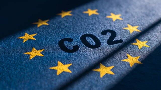 C02 and European Union symbols on a blue background highlight climate action efforts on sustainability and carbon regulation