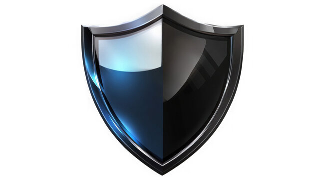 Glossy black and silver metallic shield emblem symbolizing protection security and integrity isolated on transparent background for versatile design use