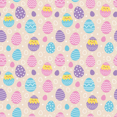 Colourful Easter seamless pattern with cute chicks and eggs. Cartoon style background. Vector illustration