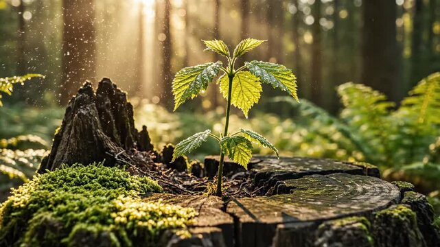New life sapling on mossy stump with golden forest light