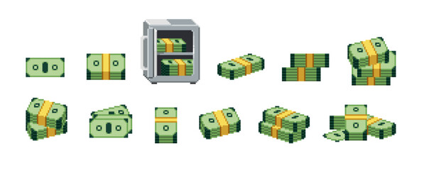 Obraz na płótnie Canvas Pixel art of money set. Green banknotes in 8bit style. Wads, piles of bank notes for old 8 bit video games. Dollar bills, cash for computer videogames. Flat isolated vector illustrations on white