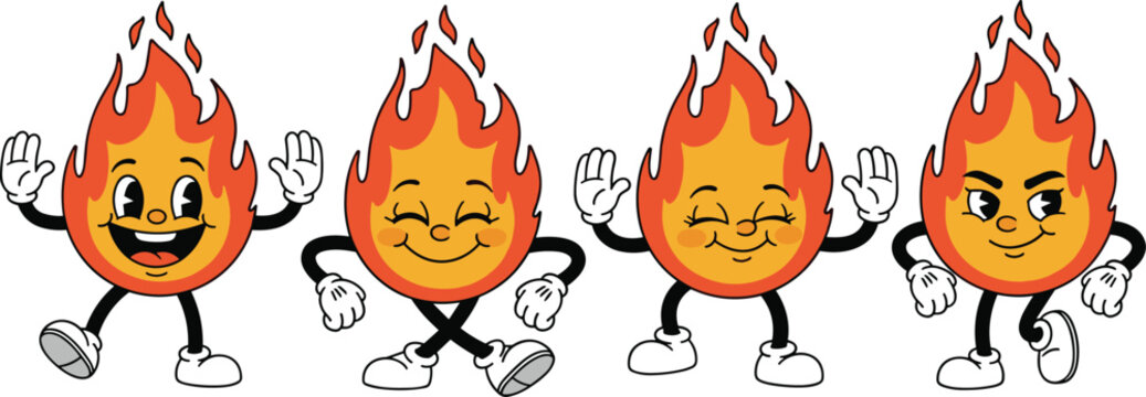 Vector illustration set of retro fire mascot characters featuring a flame character in various poses like dancing, cheering, and smiling in classic 1930s animation style isolated on white background.