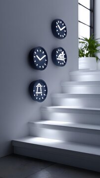 stairs with icons representing time, productivity, and growth goals