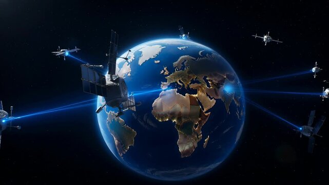 Global satellite network with drones orbiting Earth, illustrating worldwide communication and data transfer.