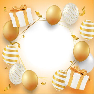 Elegant golden party banner with floating balloons and gift box decorations, vector illustration for greeting card. vector.