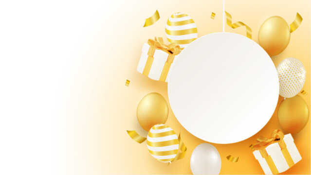 Elegant golden party banner with floating balloons and gift box decorations, vector illustration for greeting card. vector.