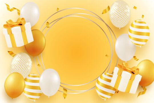 Elegant golden party banner with floating balloons and gift box decorations, vector illustration for greeting card. vector.